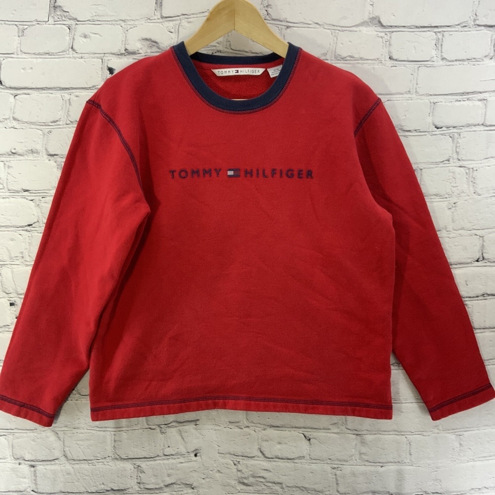 Vintage Tommy Hilfiger Sweatshirt Mens Sz M Red Blue Pullover Logo Top